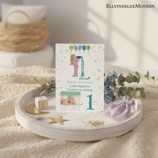 Foto & Vattumannens födelsedag med guld & ballonge Inbjudningar (Aquarius 5” x 7” Photo Invite. Visit Aquarius Zodiac Birthday Party Collection for more items.)