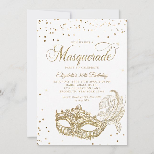 Foto Vit Guld Glitter Maskerad Födelsedag Inbjudningar (Framsida)