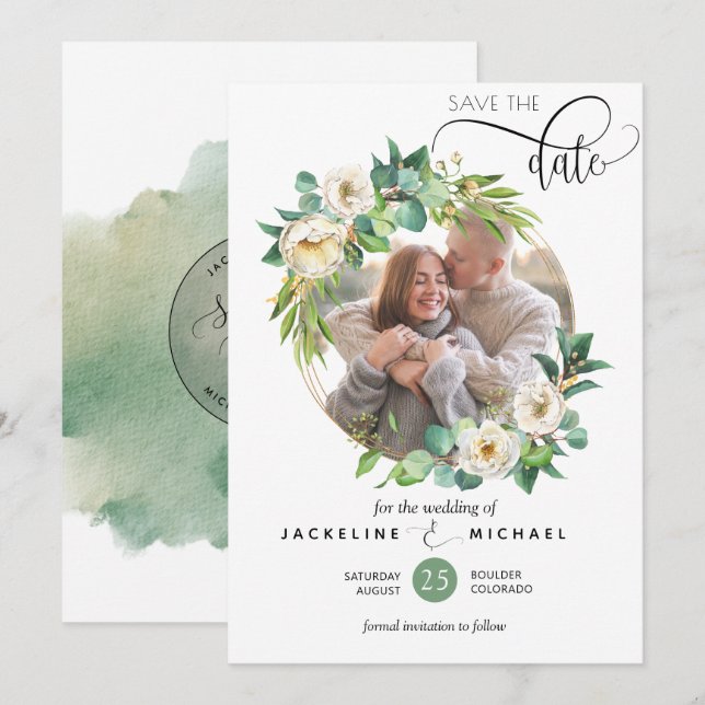 Foto, Vit och Grönska Bröllop Spara datum Datumet (Fram/baksida)