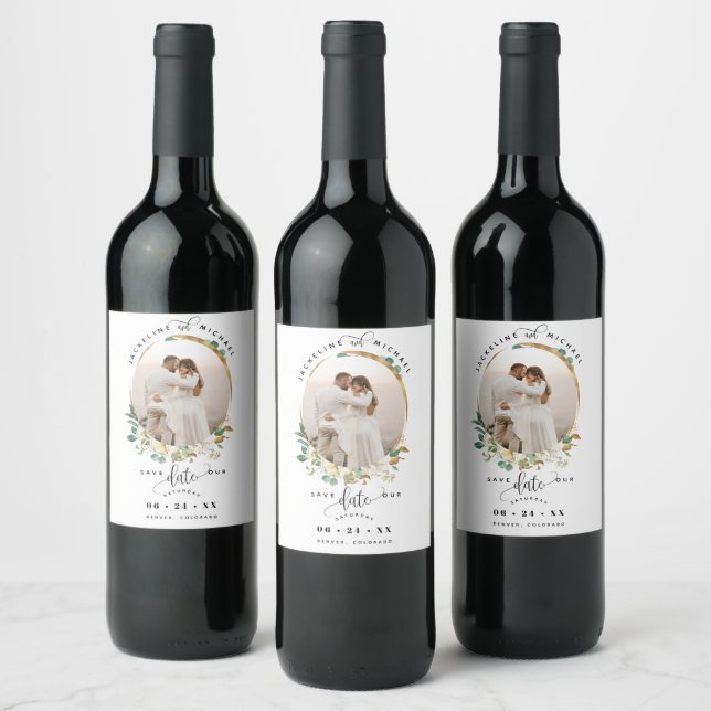 Foto, Vita Guld-Blommigten, Bröllop spara datum Wi Vinflaska Etikett (Flaskor)