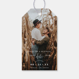 Foto, Vitt modernt skript Bröllop spara datum Presentetikett