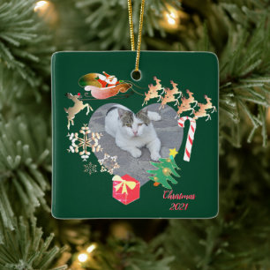 Foto w/Santa Reindeer jul Heart Ceramic O Julgransprydnad Keramik