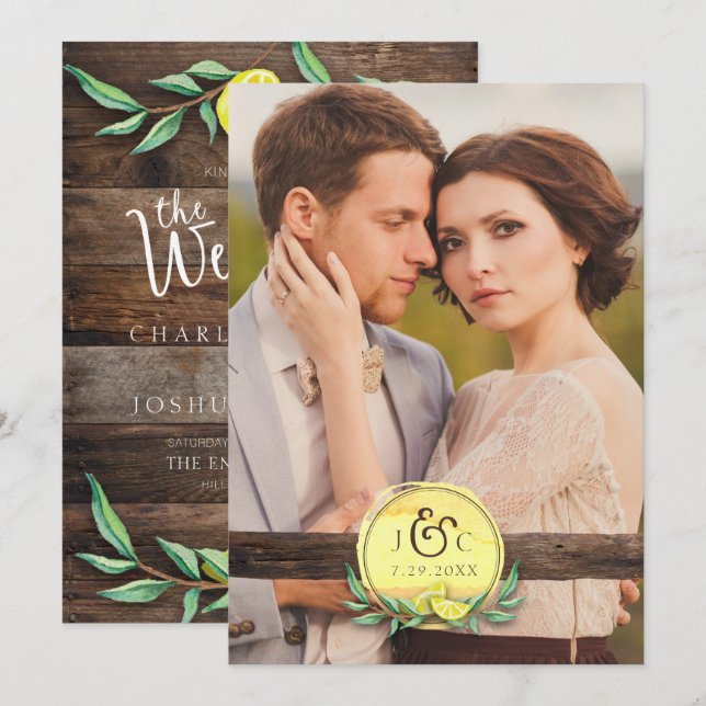 FOTO WEDING INVICATION | Rustic Barn Wood Lemon Inbjudningar (Fram/baksida)
