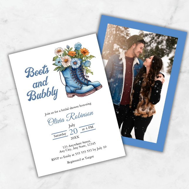 Foto Western Blå Stövlar & Bubbly Bröllopsfest  Inbjudningar (Photo Western Blue Boots & Bubbly Bridal Shower Invitation )