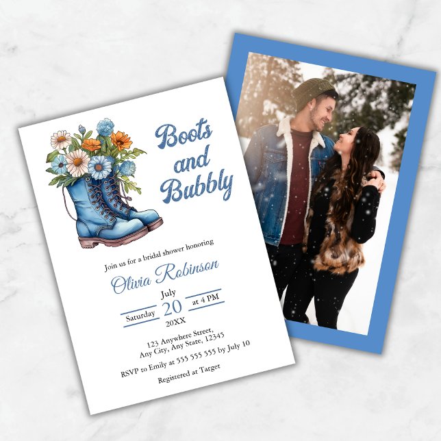 Foto Western Blå Stövlar & Bubbly Bröllopsfest  Inbjudningar (Photo Western Blue Boots & Bubbly Bridal Shower Invitation   )