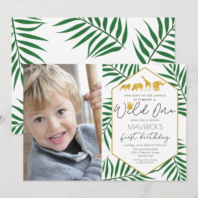 FOTO - Wild One 1-års födelsedagsjungel-inbjudan Inbjudningar (Fram/baksida)