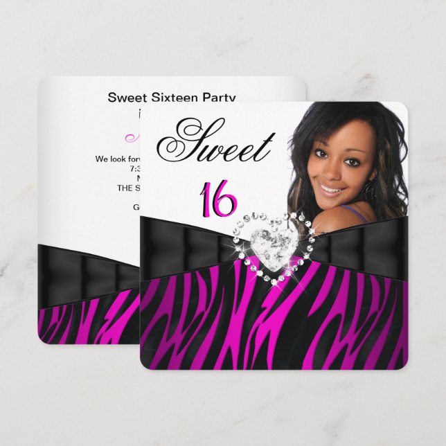 Foto Zebra Rosa Silver Sweet 16 Sexton Födelsedag Inbjudningar (Fram/baksida)