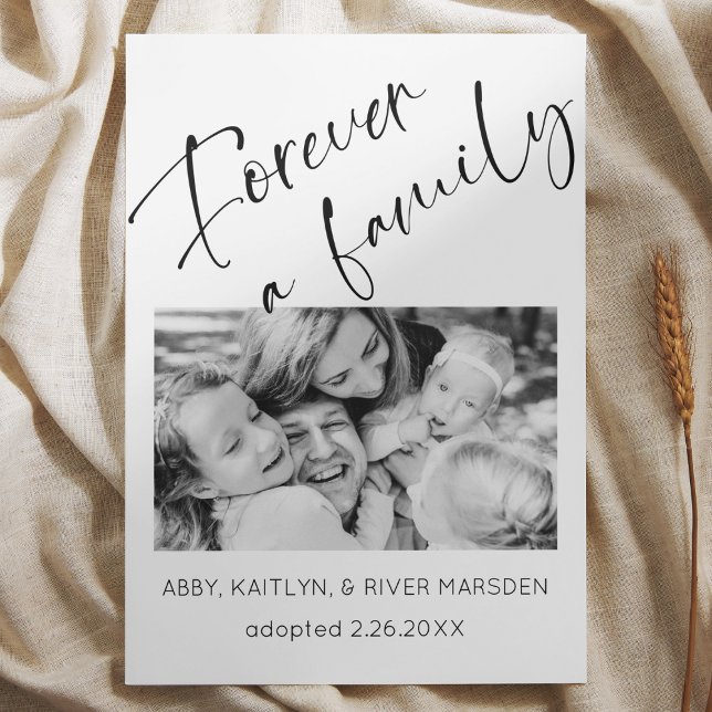 Fotoadoptionskort för "Forever Family" Inbjudningar ("Forever a Family" Child adoption announcement card black and white script photo modern simple )
