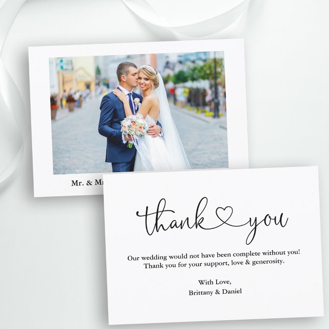 Fotoanteckning för Modern Calligraphy Heart Bröllo Tack Kort (Customize to change your personalized text size or text style.)