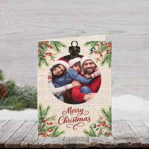 Fotoår för beige burlap-god jul under granskning helgkort