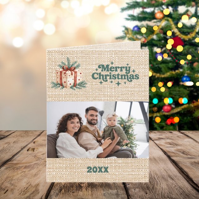 Fotoår för beige burlap-god jul under granskning helgkort (Skapare uppladdad)