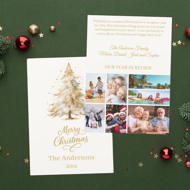 Fotoår för beige julgran i snö julkort (Skapare uppladdad)