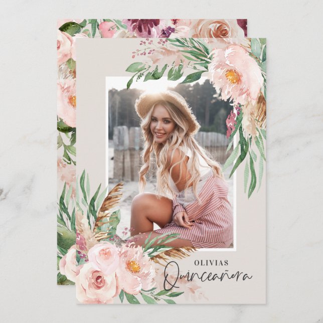 Fotoår för Quinceañera Rosa blommigt girly Inbjudningar (Fram/baksida)