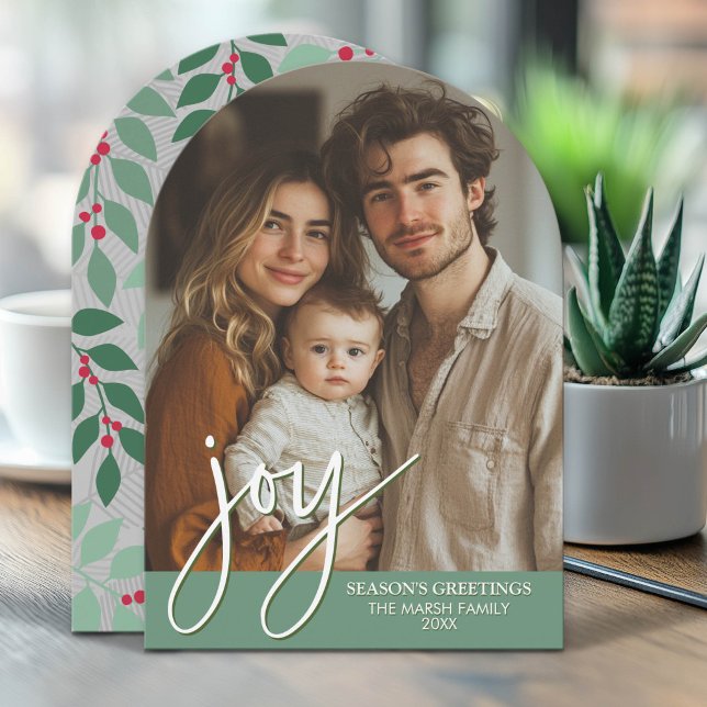 Fotoarkiv med enorm glädjeskrift - botanisk baksid julkort (Modern, Minimal Arch Christmas Greeting Card)