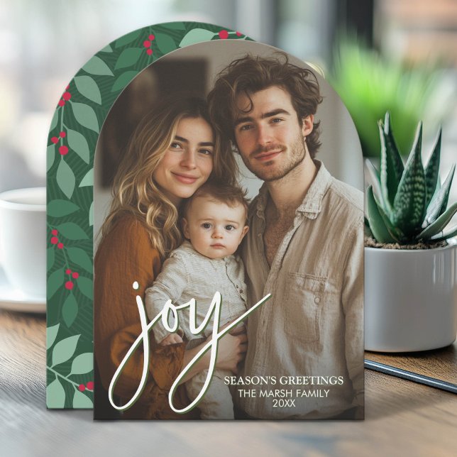 Fotoarkiv med enorm glädjeskrift - botanisk baksid julkort (Modern, Minimal Arch Christmas Greeting Card)