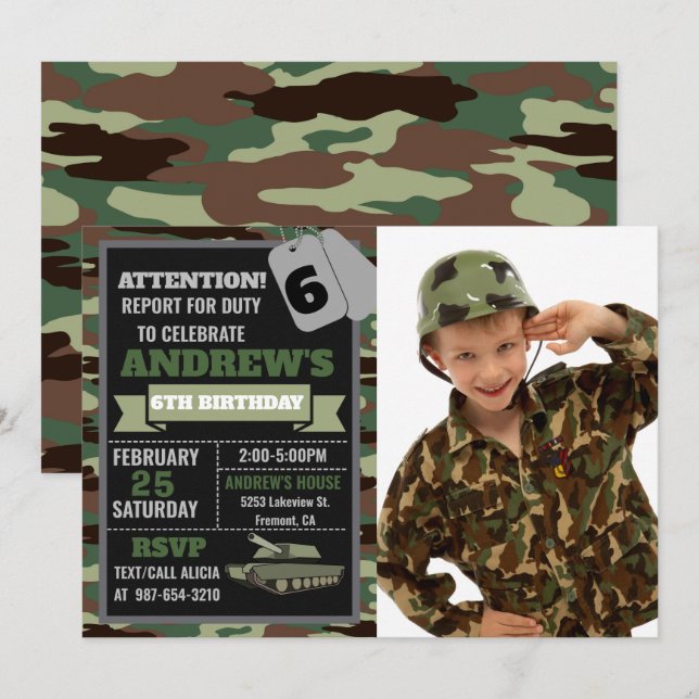 Fotoarméinbjudan, militärfödelsedag i Camo Inbjudningar (Fram/baksida)
