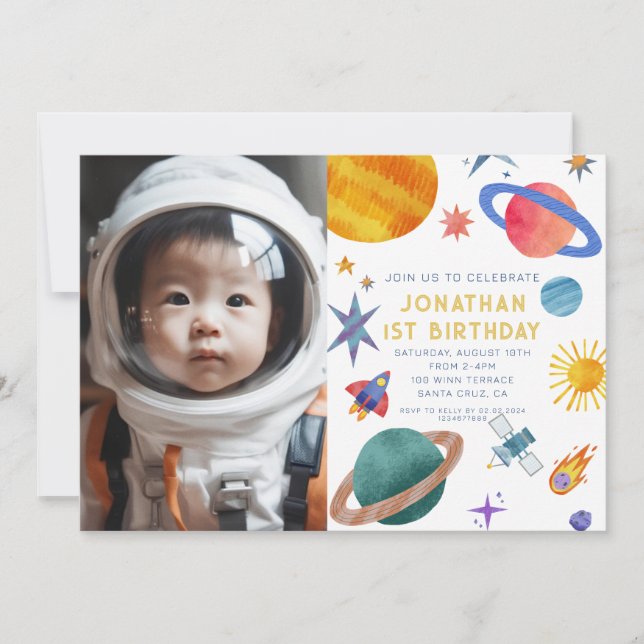 Fotoastronaut Planets Space Boy 1st Birthday Inbjudningar (Framsida)