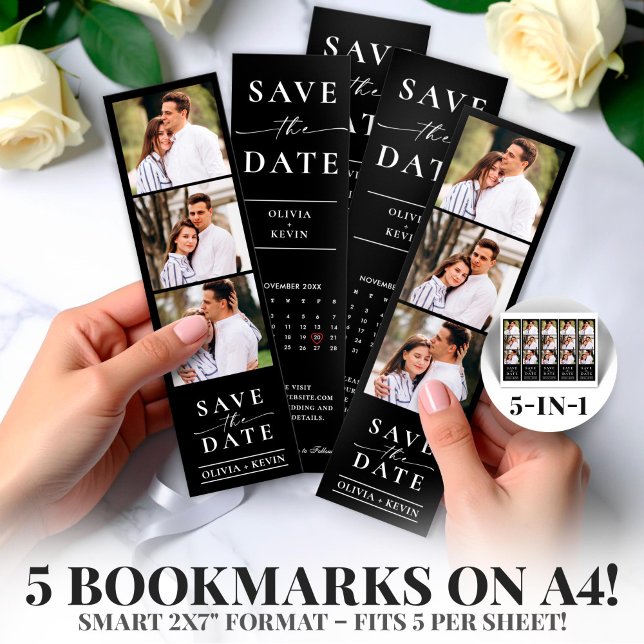 Fotoautomat 2x7" Spara datum Bröllopsremsa (Black Photo Booth 2x7" Save the Date Wedding Strip)