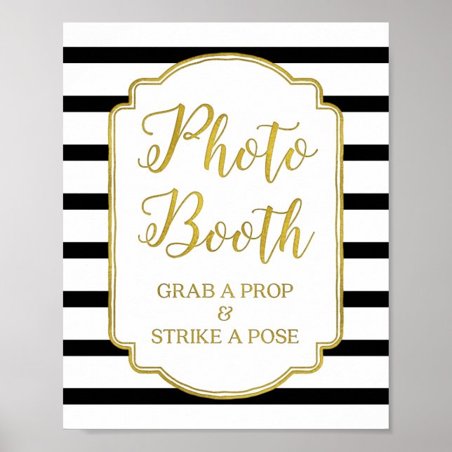 Fotoautomat Bröllopsskylt Guld Svart Vita Ränder Poster (Framsidan)