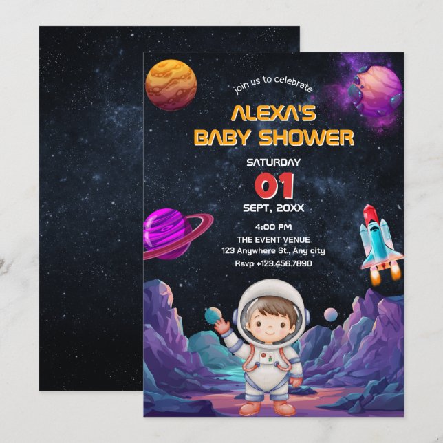 Fotobabydusch för Astronaut Inbjudningar (Fram/baksida)