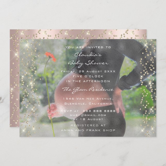 Fotobabyskor Födelsedag Ro Guld Konfetti Inbjudningar (Fram/baksida)