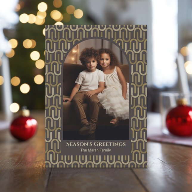 Fotobåge - neutralten Retro mcm mönster brun Julkort (Christmas Photo Card)