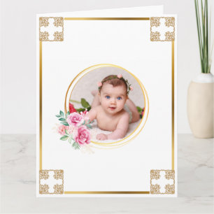 Fotobaptism guld kor blommigt bouquet chic kort