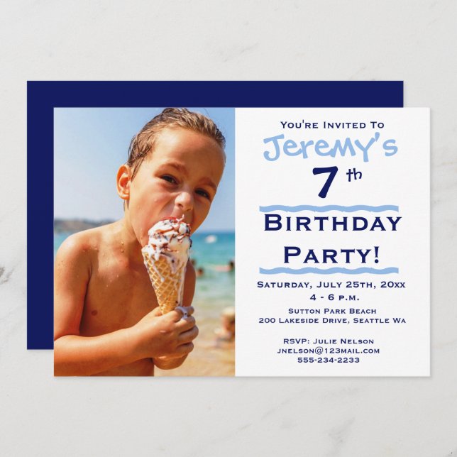 Fotobarnets blå Födelsedagsfest inbjudan (Fram/baksida)