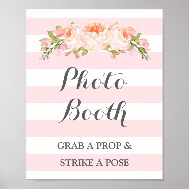 Fotobås Bröllopsskylt Rosa Blommor Ränder Poster (Framsidan)