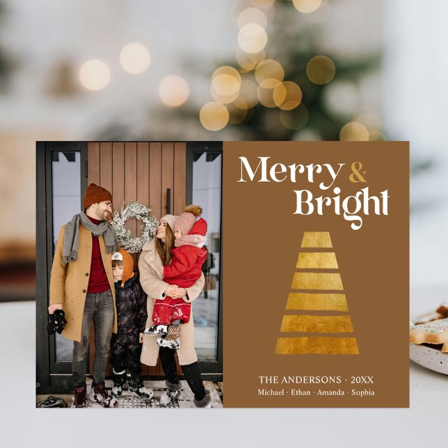 FotoBeige för familjen Guld Julgran Julkort (Skapare uppladdad)