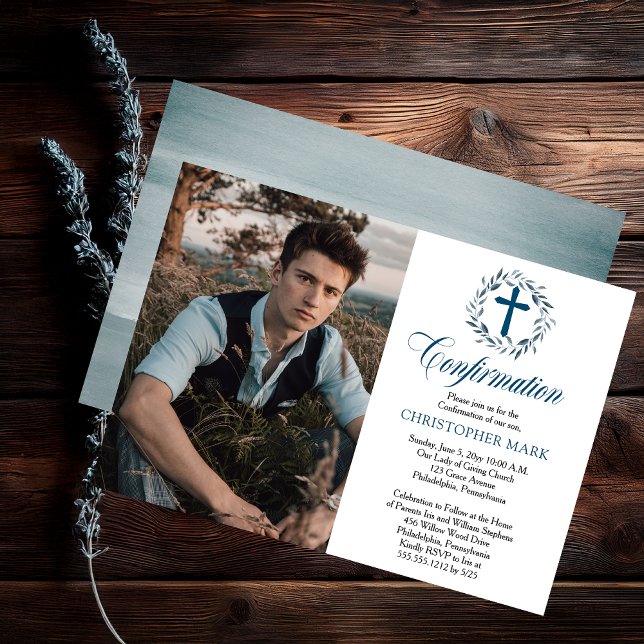 Fotobekräftelse av blåfärgsutandningspojke inbjudningar (Blue Watercolor Wreath Boy Photo Confirmation Invitation - Print | Digital Download)