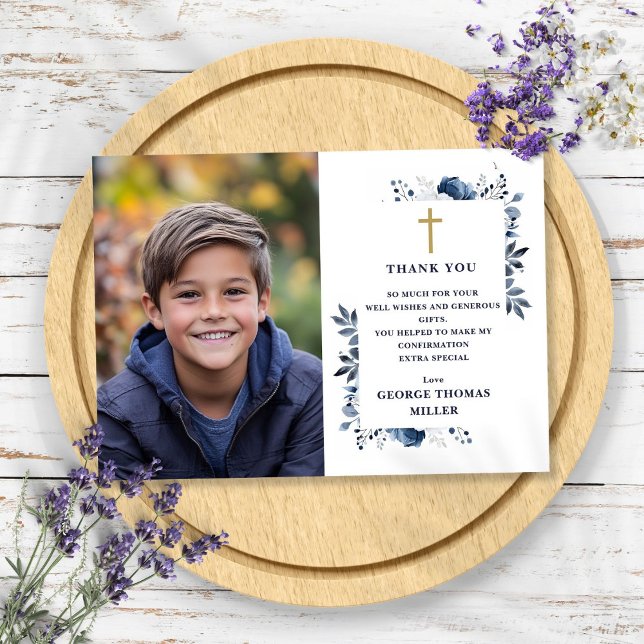 Fotobekräftelse av marin blå Elegant-Blommigt Tack Kort (Navy Blue Elegant Floral Photo Confirmation Thank You Card)