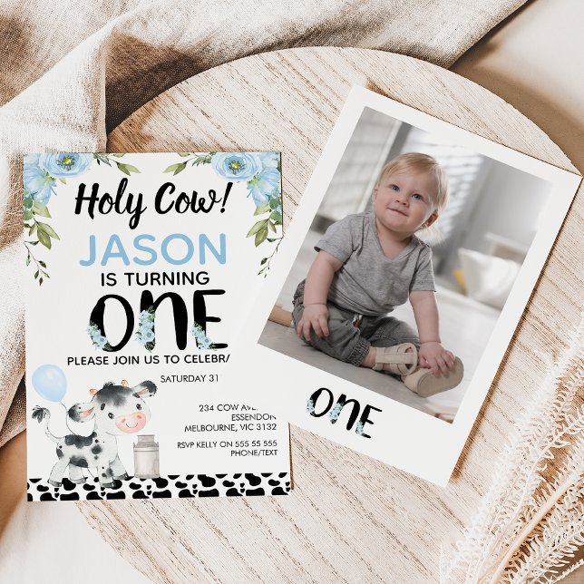 Fotoblå Blommigt Heliga Kokor Skriv ut första föde Inbjudningar (Boys Holy Cow 1st Birthday Invitation Template With Photo, Holy Cow Themed First Birthday Invitation)