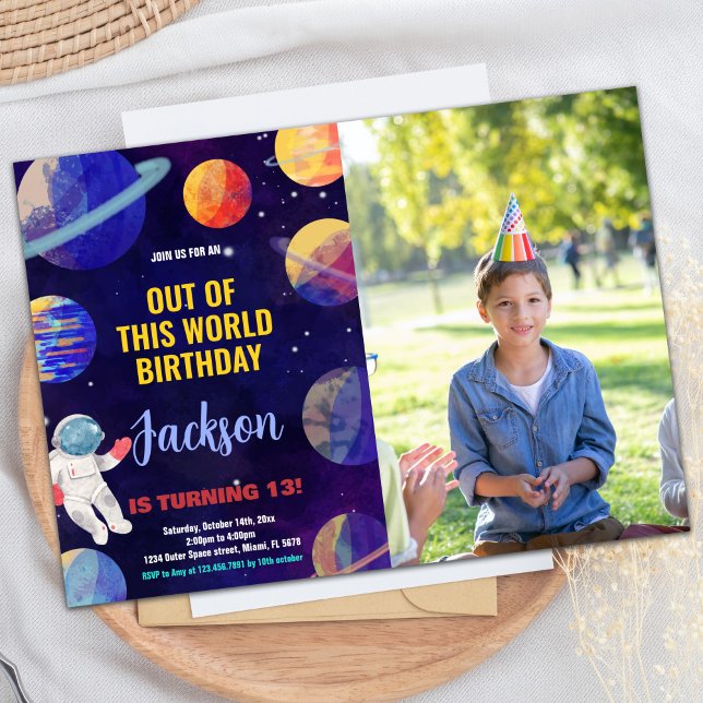 Fotoblåa Gulten Rymden-födelsedagsinbjudningar Inbjudningar (Photo Blue Yellow Outer Space Birthday Invitations)