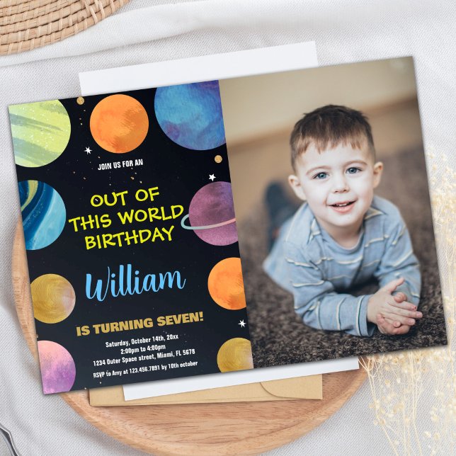Fotoblåa Orangen Rymden-födelsedagsinbjudningar Inbjudningar (Photo Blue Orange Outer Space Birthday Invitations)