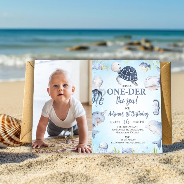 Fotoblåhavssköldpadda 1:a födelsedagen inbjudningar (Editable Sea Turtle Oneder The sea 1st Birthday Invitation Boy, Ocean Themed First Birthday Invite)