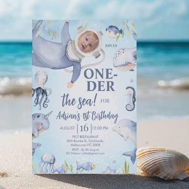 Fotoblått dykdyver Grävd 1:a födelsedag Inbjudningar (Oneder The Sea Birthday Invitation Template Instant Download, Oneder the Sea 1st Birthday Invitation)
