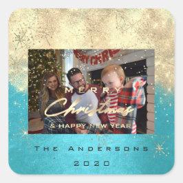 Fotoblått god jul New Guld Glitter Fyrkantigt Klistermärke