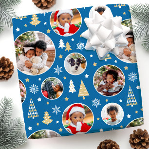 Fotoblått god jul Träd Snöflingor Presentpapper