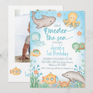 Fotoblått oceanen 1:a födelsedag inbjudningar