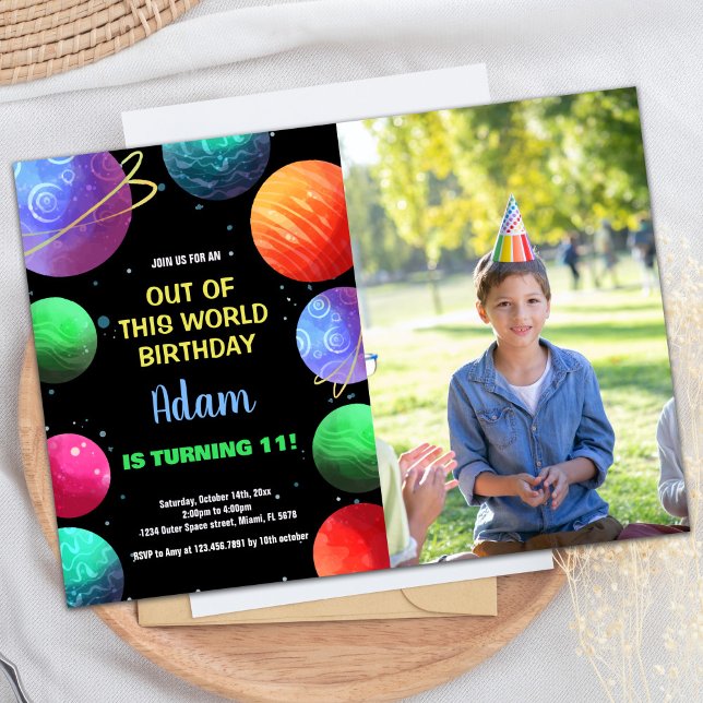 Fotoblått ut ur den här världens födelsedagsinbjud inbjudningar (Photo Blue Out of this world Birthday Invitations)