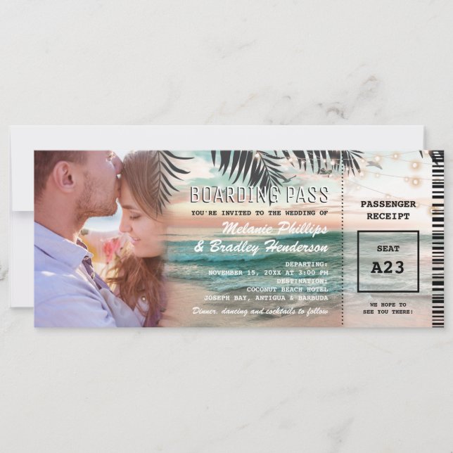 Fotoboardingpass Tropical Beach Wedding Inbjudningar (Framsida)