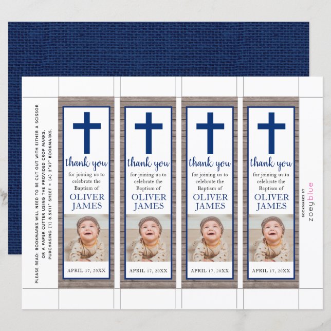 Fotobokmärke för Rustic Navy Blue Boy Baptism (Fram/baksida)