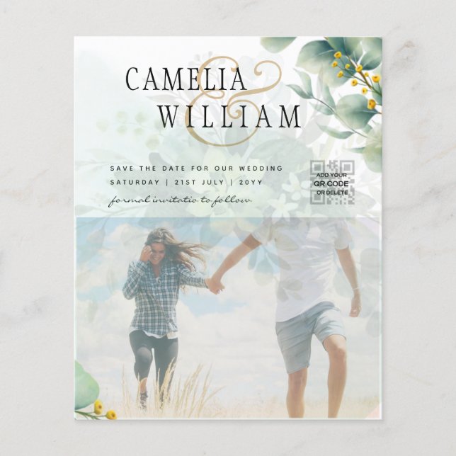 Fotobröllop, Qr-kod, Greenery Lövs Flygblad (Framsidan)