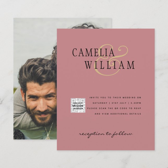 Fotobröllopsinbjudan QRCode OSA Dusty Ro (Fram/baksida)
