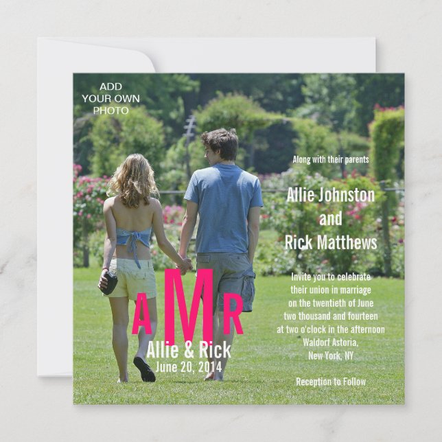 Fotobröllopsinbjudningar, 3 monogram Rosa Inbjudningar (Framsida)
