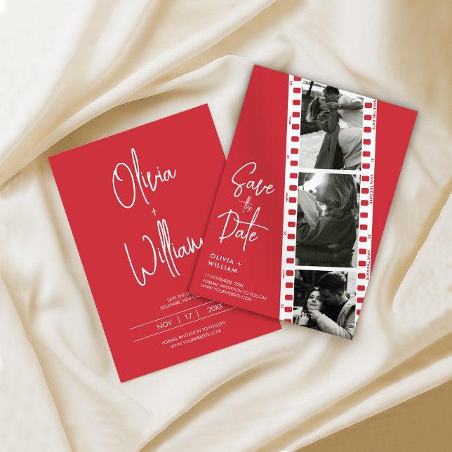 Fotobutik Spara datum Bröllop Rött Modernt Datumet (Photo Booth Save the Date Wedding Red Modern Invitation, Wedding Photo Collage)