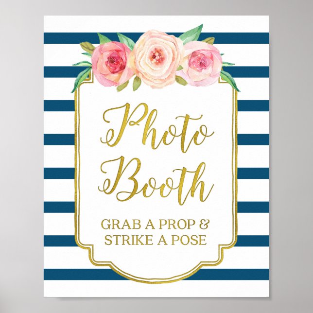 Fotobutiksskylt Rosa Guld Marinblå Vit Randig Poster (Framsidan)