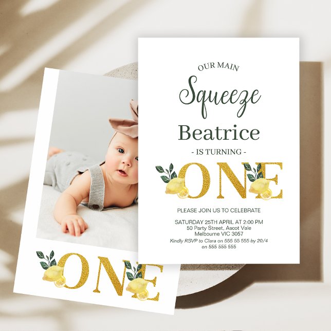 Fotocitroner vår viktigaste siste födelsedag inbjudningar (Lemon MAIN SQUEEZE 1st Birthday Invitation Lemonade Birthday Party Invitation Lemon Foliage Birthday)
