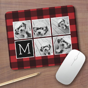 FotoCollage - röd svart buffelpläd för Monogram Musmatta